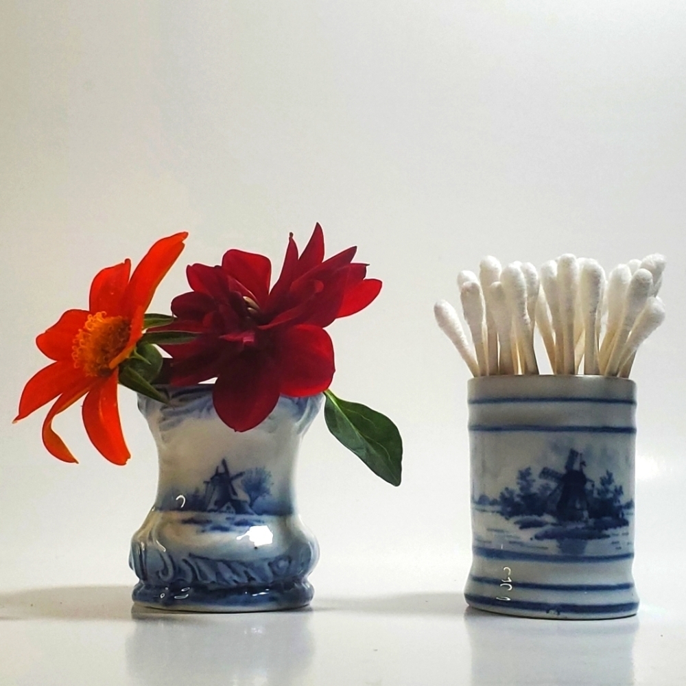 DELFT Blue Vintage Pair of Toothpick Holders, Bud Vases, Trinket Dishes Germany